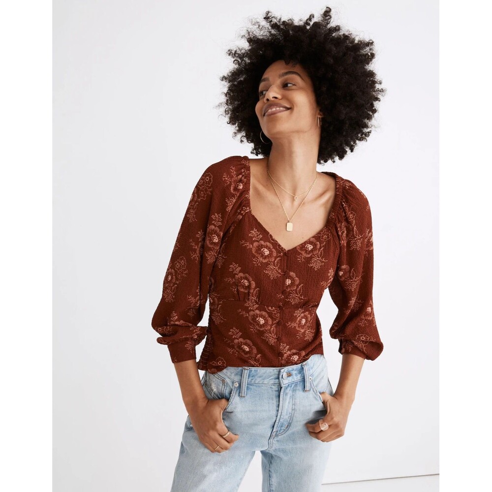 NWT Madewell NC833 Preston Puff Sleeve Top Letterpress Foil Mahogany Sz M